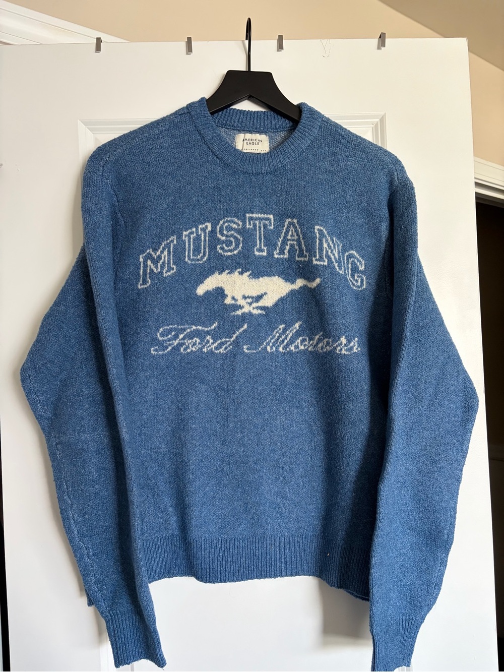 American Eagle Outfitters Blue Crewneck Sweater with Cream Mustang Graphic